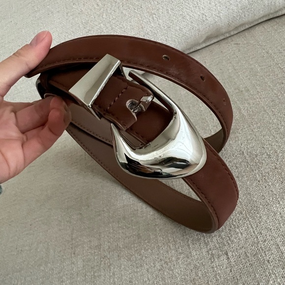 Brown Suede/Nubuck Belt with Silver Sculptural Asymmetric Buckle - Picture 3 of 3